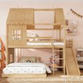 thumbnail image 2 of House Bunk Bed Full over Full with Storage Shelves and Wardrobe, Wood Floor Bunk Bed Frame with Ladders and Slides for Boys Girls, Natural, 2 of 13