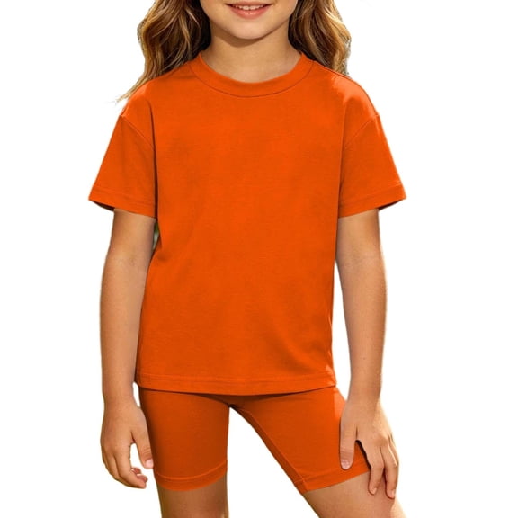 Mifsaly Girls 2 Piece Summer Outfit Sets Crew Neck Short Sleeve T-Shirts and Stretch Biker Shorts Kids Casual Sport Home Playwear Basic Matching Clothes