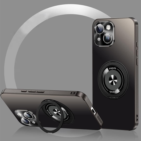 ELEHOLD Magnetic Case For iPhone 15, Slim Frosted Shockproof Case Rugged Cover, [with 360° Rotable Ring Stand], [Mag Safe Compatible], [Lens All-Inclusive], Black