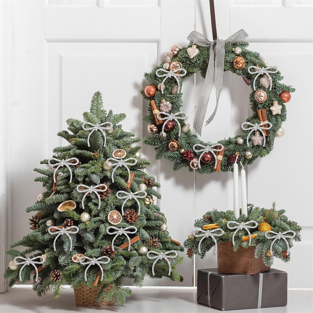 Triani 12Pcs Glitter Christmas Tree Bow Clip Ornaments 5.12*2.95 Inch Christmas Bows Glitter with Rhinestones Bow for Women Home Xmas Party Supplies
