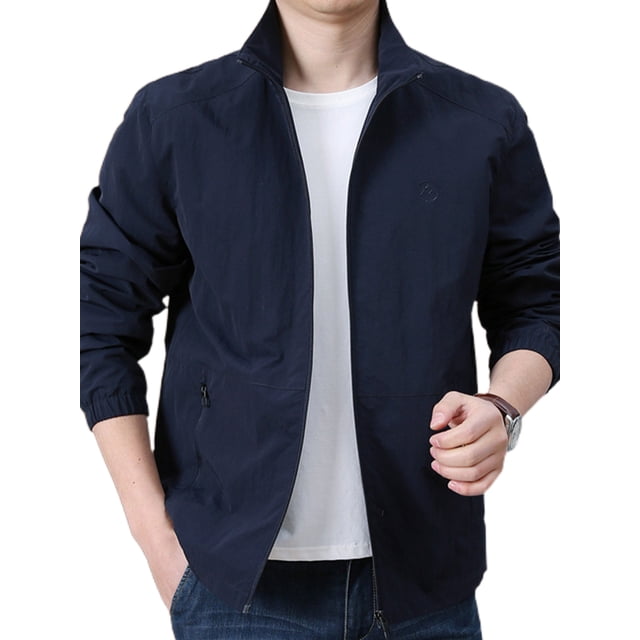 Innerwin Coat Stand-up Collar Mens Jacket Outdoor Solid Color Zipper Pockets Outwear Dark Blue 3XL