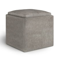Simpli Home Rockwood 17 inch Wide Contemporary Square Cube Storage Ottoman with Tray in Distressed Grey Taupe Vegan Faux Leather, Assembled
