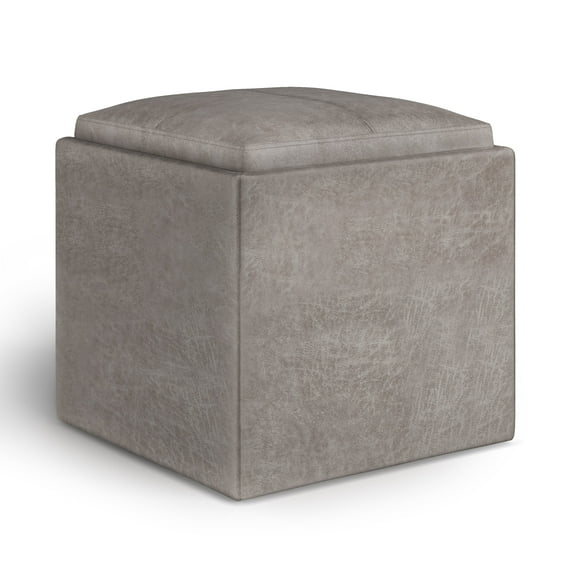 Simpli Home Rockwood 17 inch Wide Contemporary Square Cube Storage Ottoman with Tray in Distressed Grey Taupe Vegan Faux Leather, Assembled
