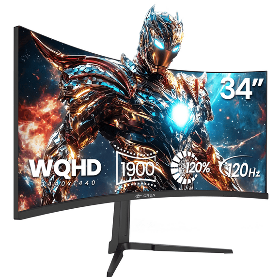 CRUA 34-inch IPS Curved Gaming Monitor, WQHD 3440x1440, 120Hz Computer Monitor, 1900R, 120% sRGB, FreeSync, HDMI 2.0 & DP 1.4, Wall Mountable - Black