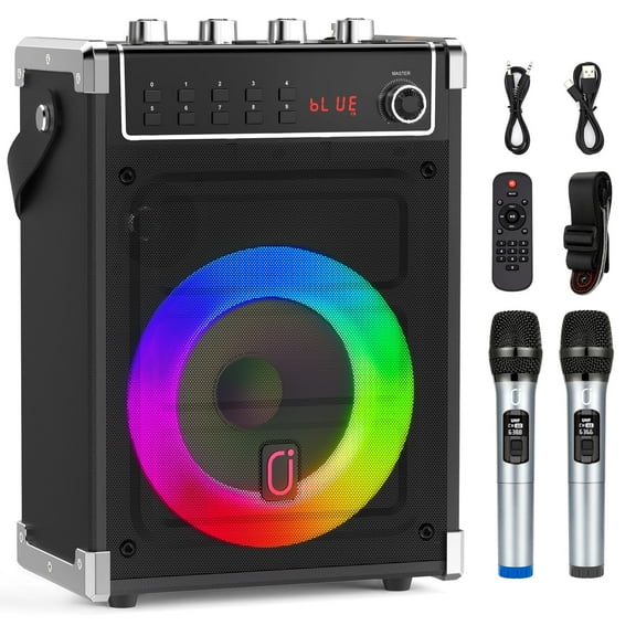 FanFun Portable Bluetooth Speaker with Microphones, Party Speaker with Lights, Remote Control, Powerful Loudspeaker, AUX Input, FM, REC