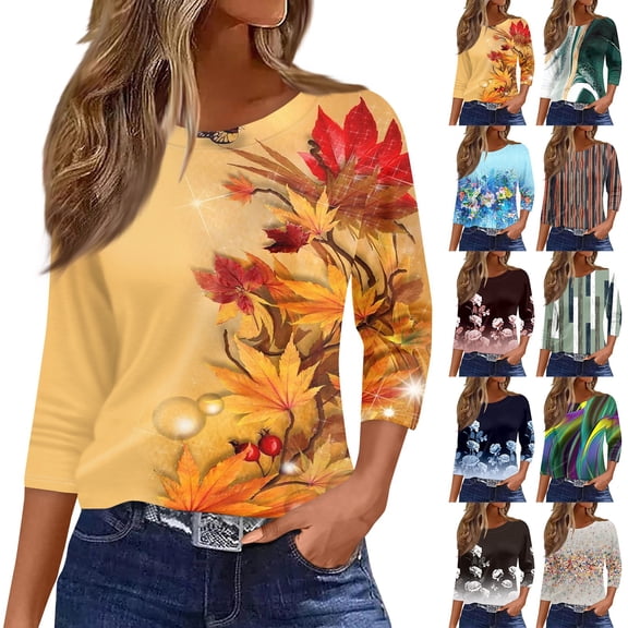 Wutalume Womens 3/4 Sleeve Shirts and Tops - Retro Floral Round Neck Loose Blouse, 3/4 Length Sleeve Womens Tops, Breathable Spring Summer,Beige L