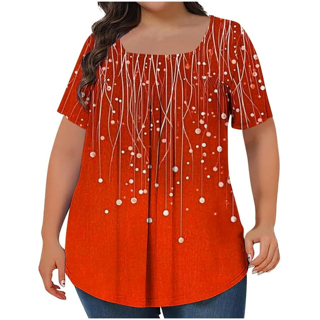 Tops Cortos para las Mujeres Impreso Cuello de Gran Tamaño Plisado Manga Corta Suelta Superior en Tamaños Más L-5xl