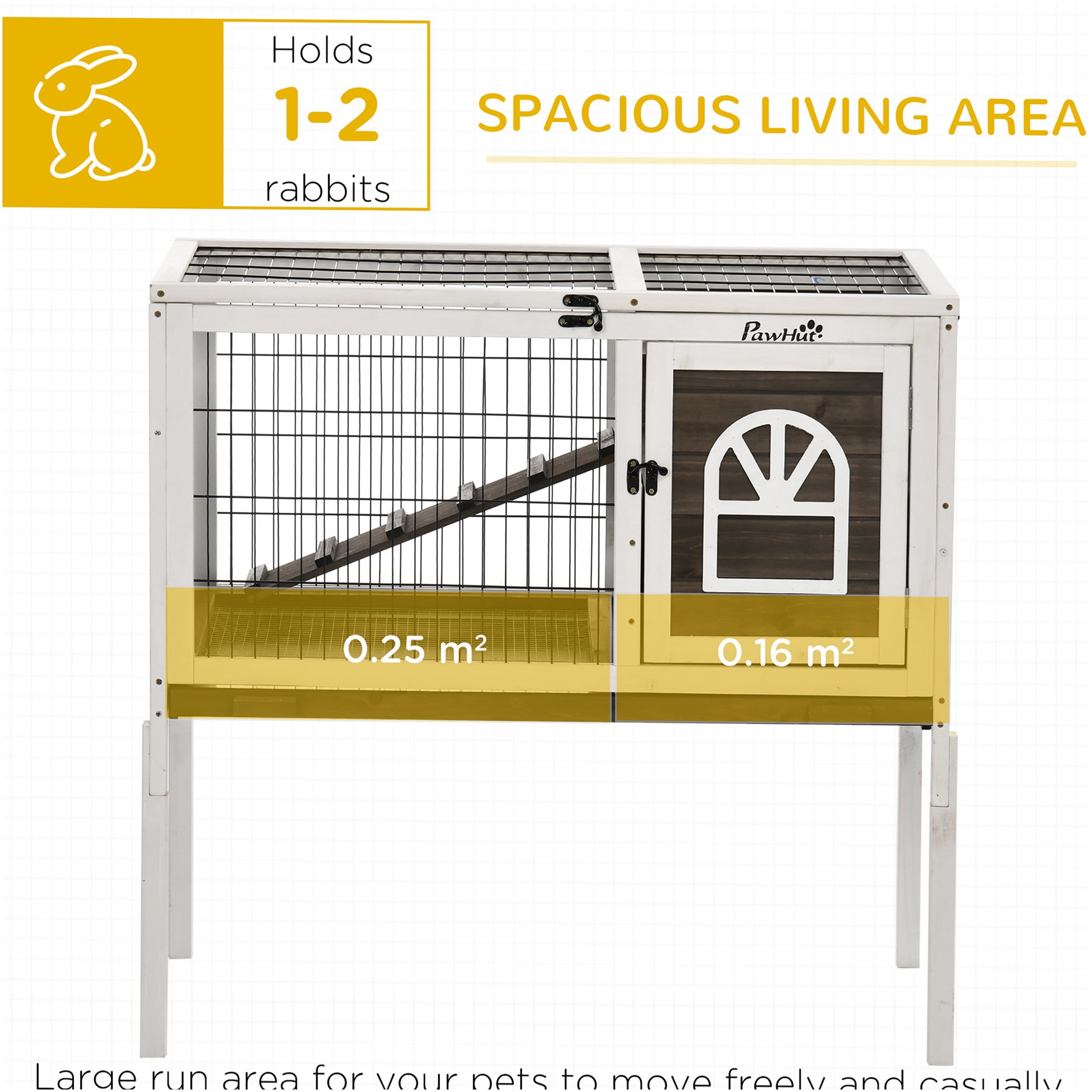 JERFIT Elevated Rabbit Hutch Indoor, 35.5" Wooden Bunny Cage with Removable Tray, Lockable Doors, Ladder & Run for Guinea Pigs, Rabbits, Small Pets, Brown
