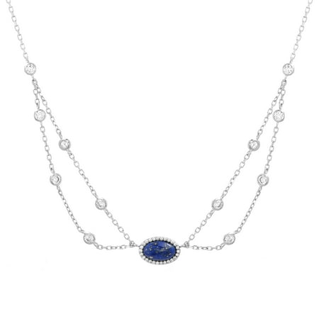 Lapis and Cubic Zirconia Layered Choker Necklace in Sterling Silver