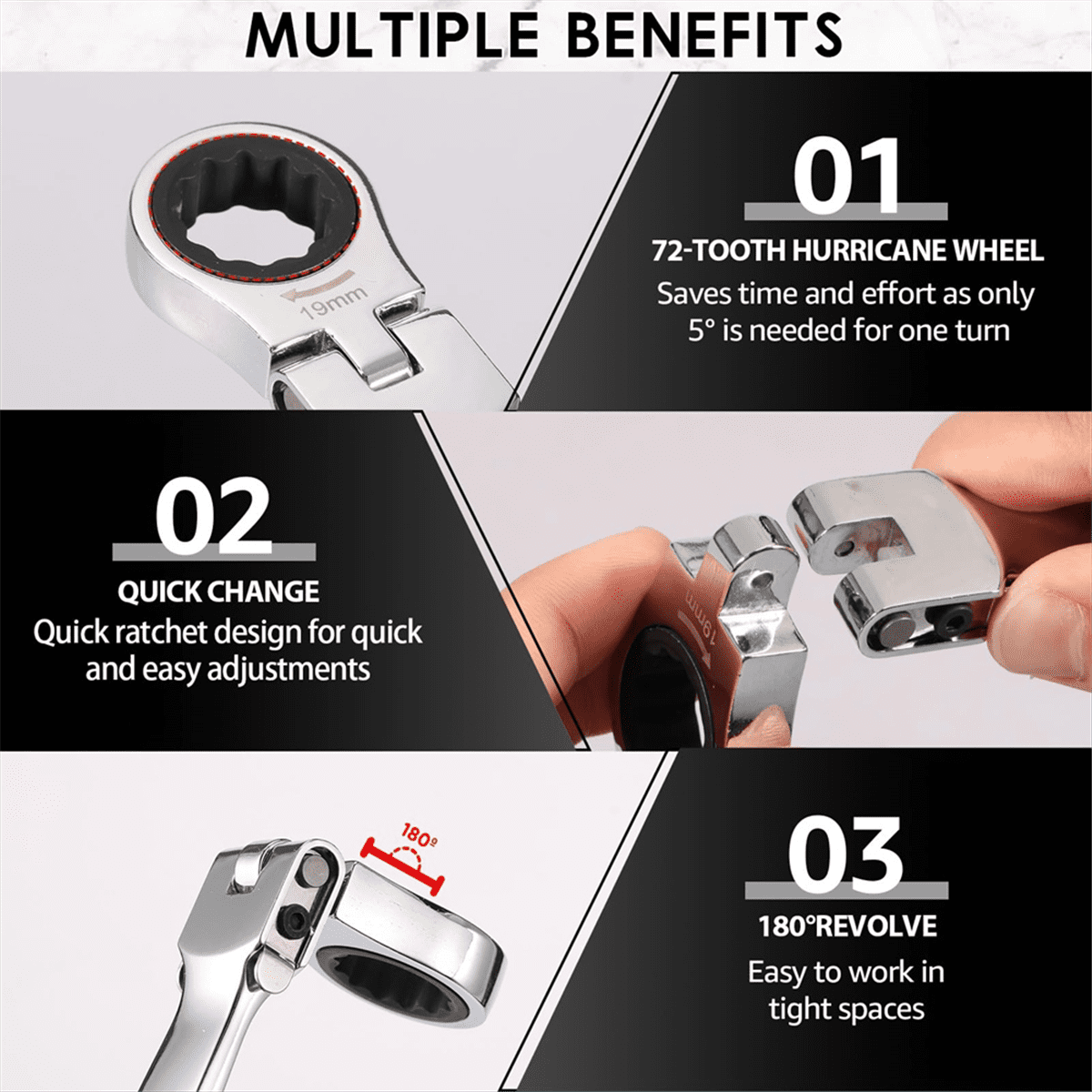 Flex Head Ratcheting Wrench Set, 8-19mm Metric Ratchet Wrench Tool with Interchangeable Heads & Storage