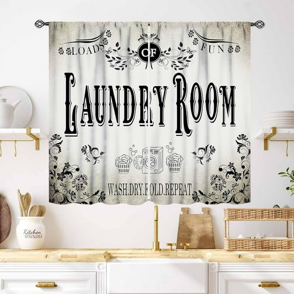 Laundry Room Curtains for Windows,Rustic Farmhouse Dry Wash Fold Repeat Country Vintage Brown Window Treatments Bedroom Living Room Bathroom Room Curtain 2 Panel,55X39 Inch