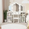 thumbnail image 3 of ChaoLink Princess Girls Vanity Set with Touch Lights, Wooden Makeup Vanity Desk & Chair, Tri-Fold Mirror, Storage Shelves & Drawers, 3 of 6