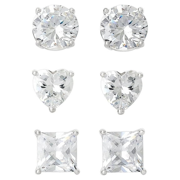 Brilliance Fine Women's Silver-Plated Cubic Zirconia Heart, Round, Square Earring Set