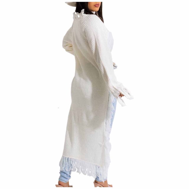Pompotops Chandail Femme Décontracté à Franges Long Chandail Manches Longues Tricoté Chandail d'Hiver Hauts Blouse Liquidation