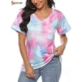 thumbnail image 2 of Spencer Womens Tie-Dye Printed Gradient Pocket Front T-Shirts V Neck Short Sleeve Casual Tunic Blouse Tops (XL, Purple), 2 of 8