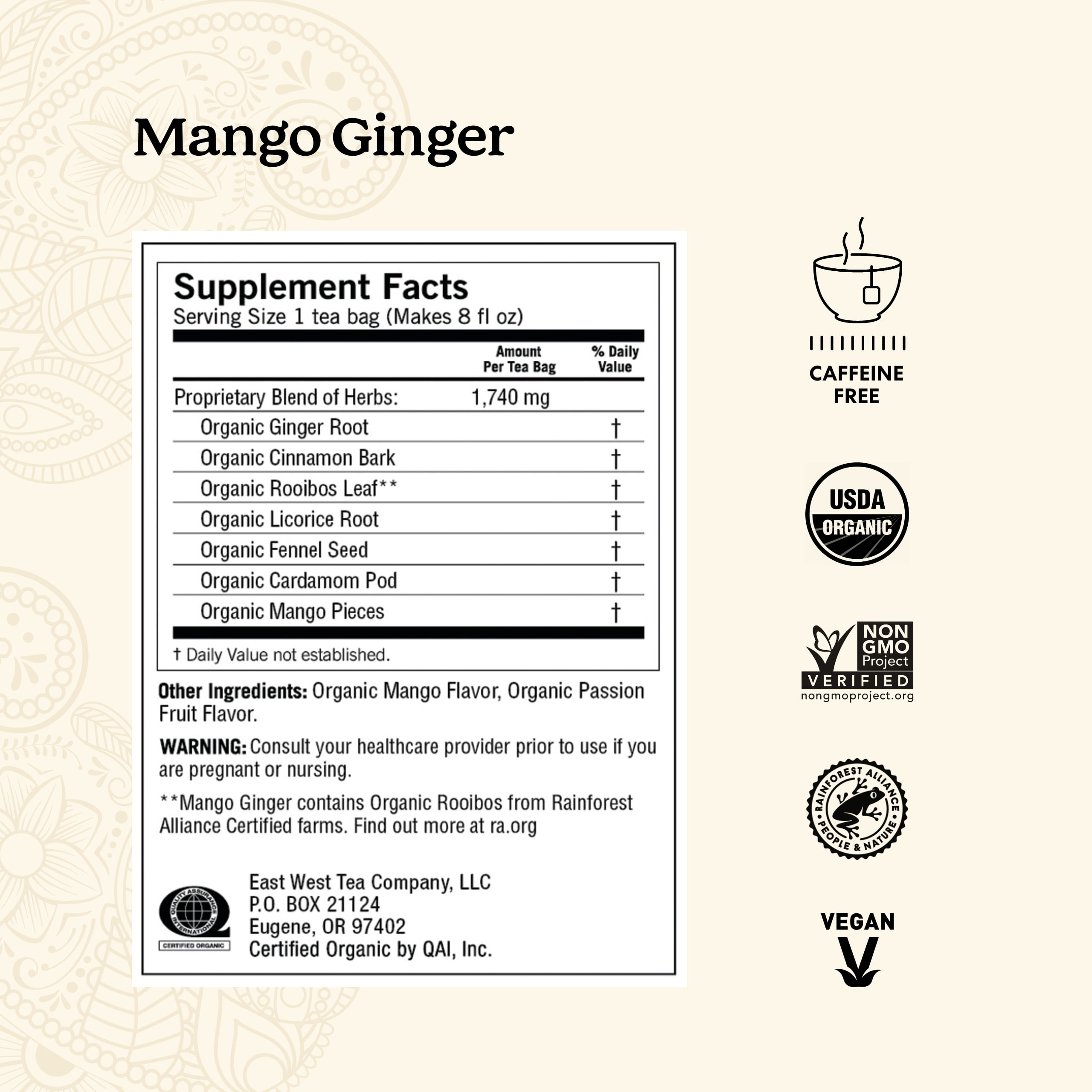 Yogi Tea Mango Ginger, Caffeine-Free Organic Herbal Tea, Wellness Tea Bags, 6 Boxes of 16