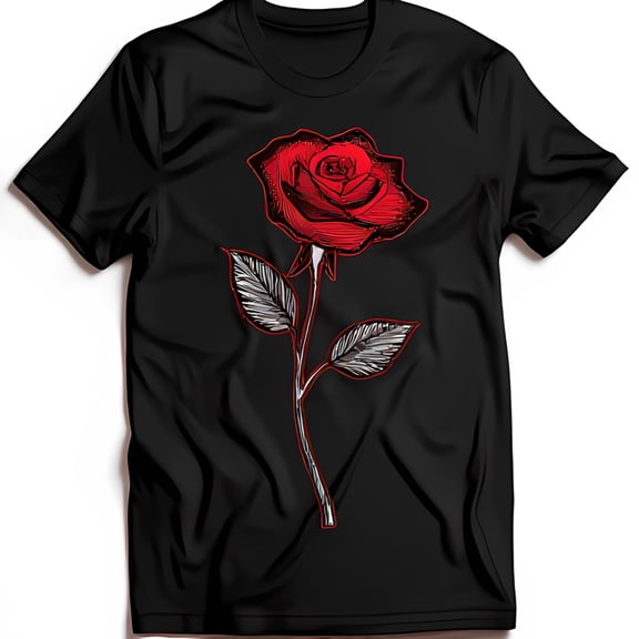 Stylish Black T-Shirt with Sketched Red Rose Graphic Unique Floral Design