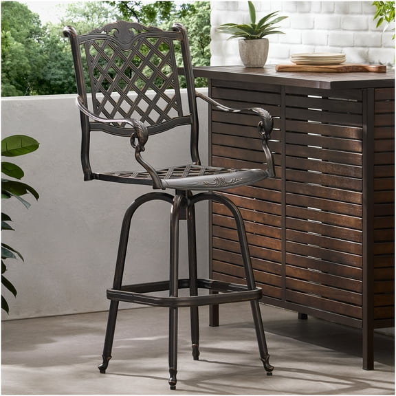 Copper Cast Aluminum Swivel Bar Stool, Outdoor Patio Barstool with Diamond Lattice Design