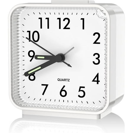 Analog Silent Non Ticking Small Clock, Travel with Snooze & Light, Ascending Beep Sounds, Battery Operated Loud Alarm Clock for Bedroom (White)