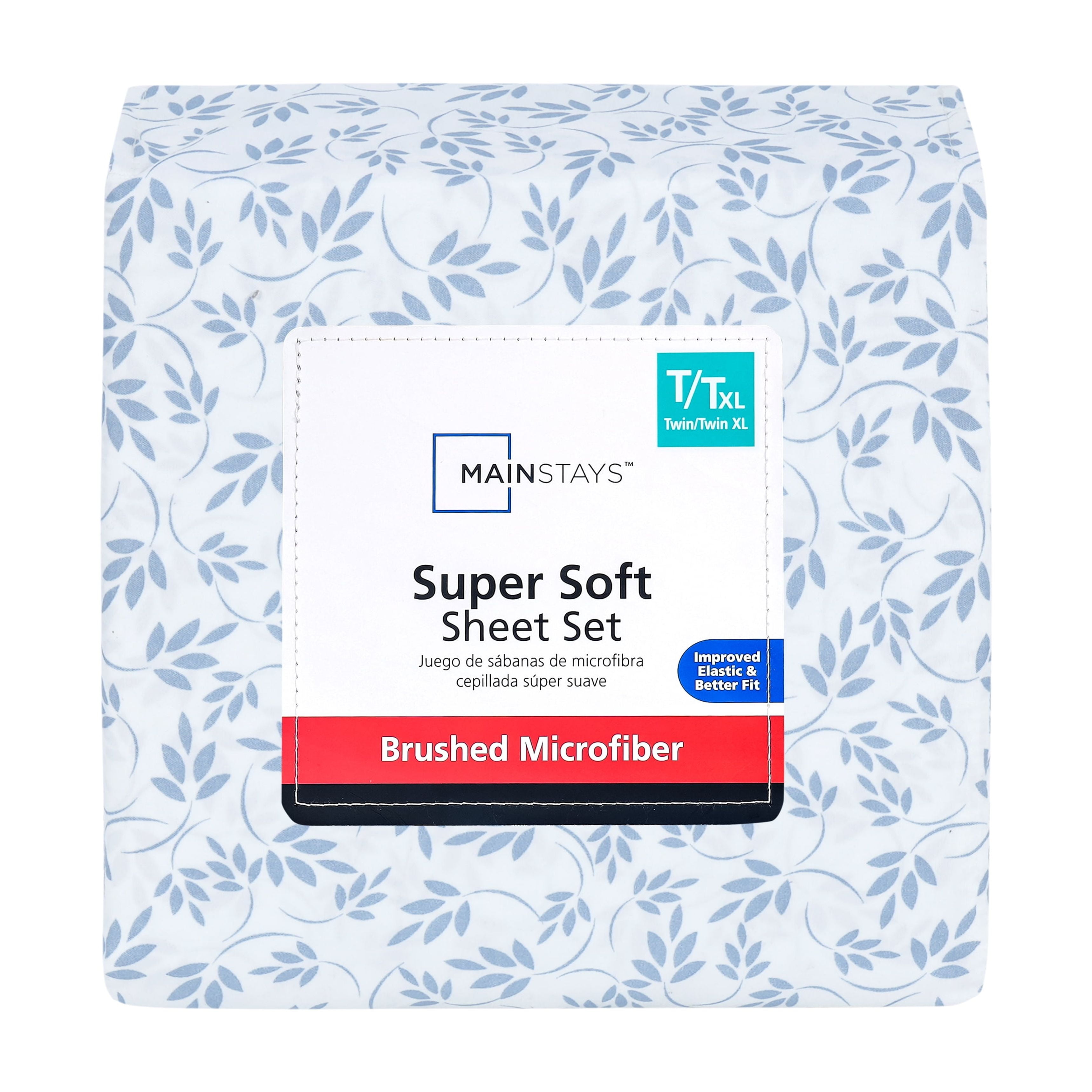 Mainstays Super Soft Brushed Microfiber Bed Sheet Set, Light Blue Leaves, Twin-XL, 3 Piece