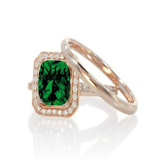 1.5 Carat Princess Halo Bridal Set with Emerald and Diamond in 14k Rose Gold affordable emerald and diamond engagement ring