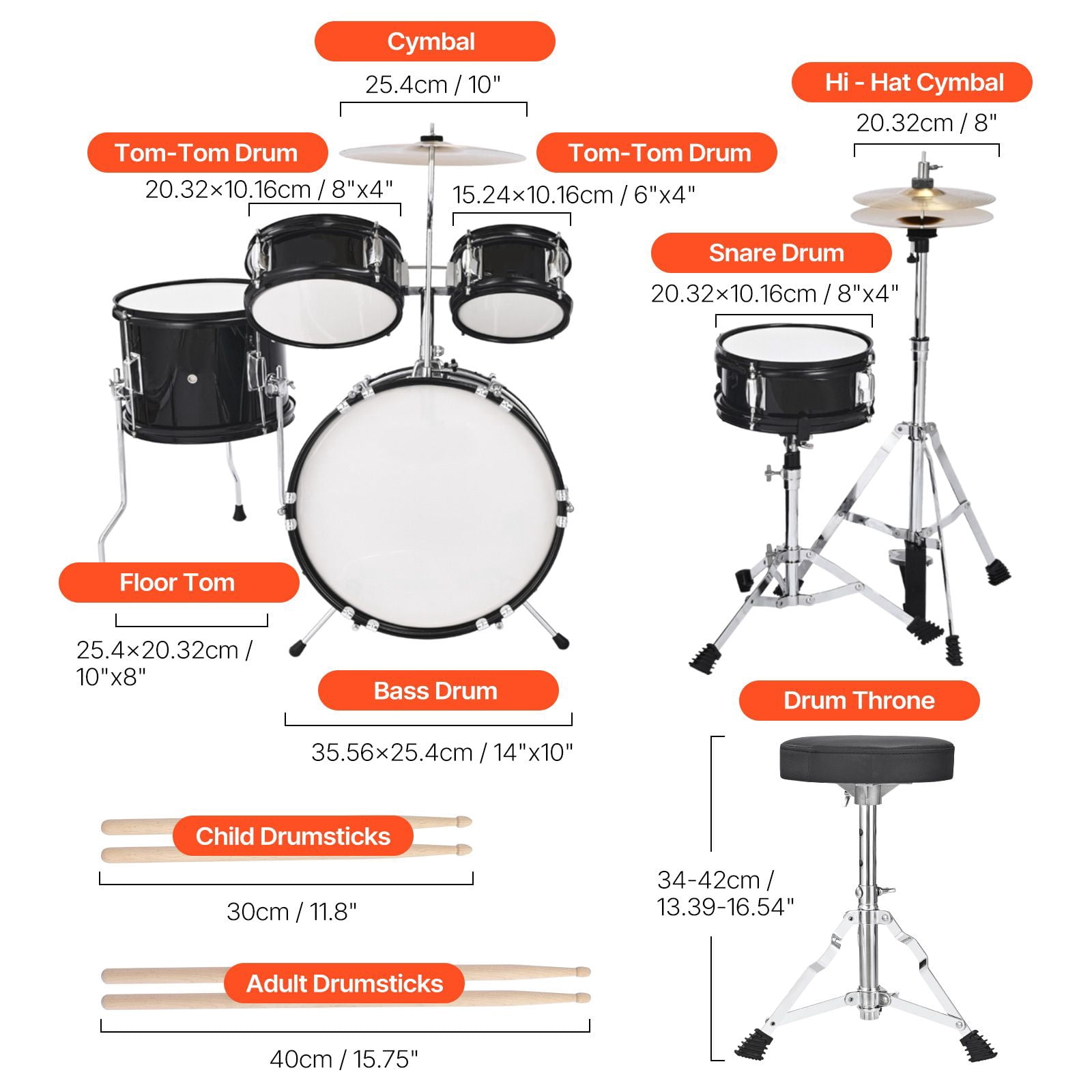 Kids Drum Set, 5-Piece 14 in Junior Drum Sets, Beginner Drums Set with Adjustable Throne, Cymbal & Two Pairs of Drumsticks, Musical Learning Drums Instruments Kit, for Children Ages 6-13 (Black)