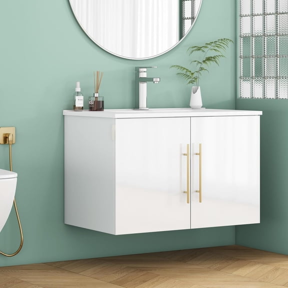 Villachico 30-Inch White Gloss Wall-Mounted Bathroom Vanity with Double Doors, Soft-Close Hangers,Long Gold Metal Handle,Easy Installation,Glossy White