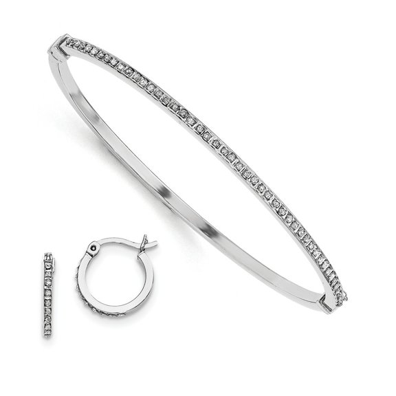 925 Sterling Silver Diamond Mystique Round Hoop Earrings & Hinged Bangle Set