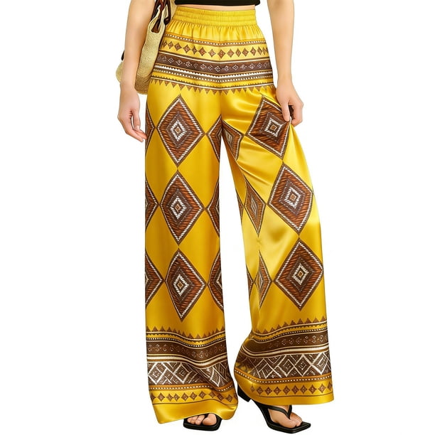 Pantalones Elásticos Estampados de Satén para Mujeres, Cintura Elástica con Bolsillos, Pantalones Casuales Elegantes para Vacaciones Y Fiesta