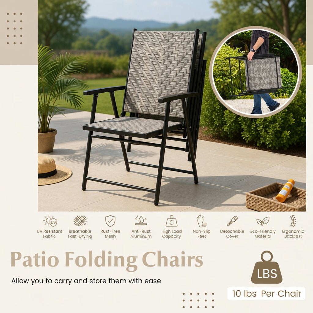 Hommoo 4-Pack Folding Patio Chairs with Armrests, Heavy-Duty PE Rattan & Steel Frame, Rust-Resistant Outdoor Lawn Chairs for Backyard, Garden, Poolside, Gray