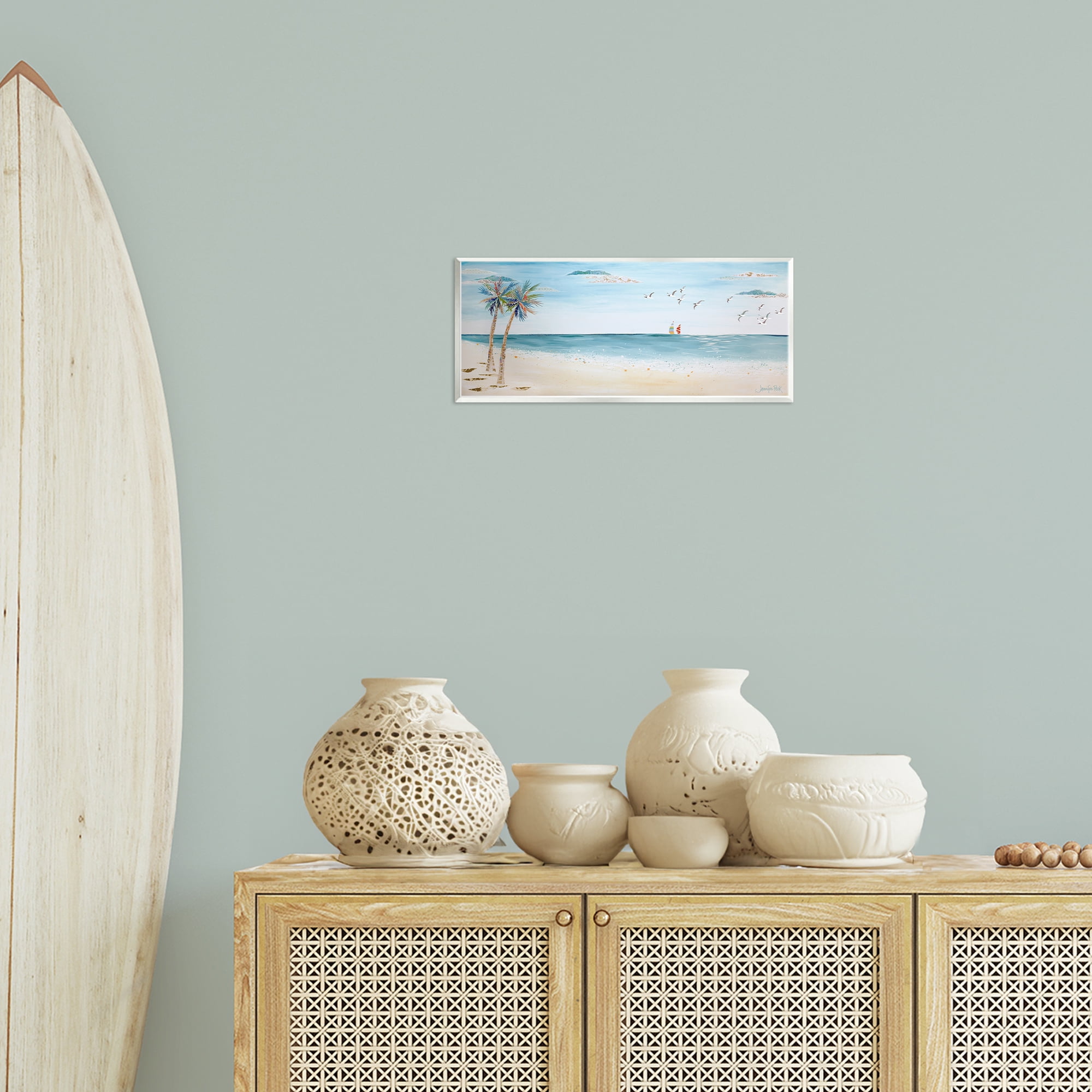 Stupell Industries Seagulls & Palm Beach Landscape Painting Unframed Art Print Wall Art, 17 x 7