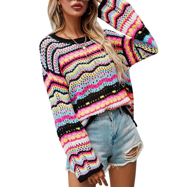 Txlixc Suéter de estilo suelto para mujer, color variado, manga larga acampanada, cuello redondo, prendas de punto, S/ M/ L/ XL Txlixc Día / fiesta / vacaciones / al aire libre / vacaciones