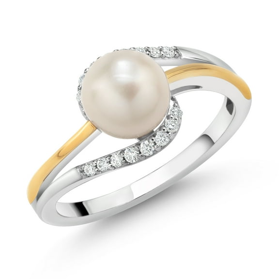 Gem Stone King 7-7.5MM Cultured Freshwater Pearl and Lab Grown Diamond Ring for Women | 925 Sterling Silver and 10K Yellow Gold | Fine Jewelry Gifts for Her Mom Wife (Size 5)