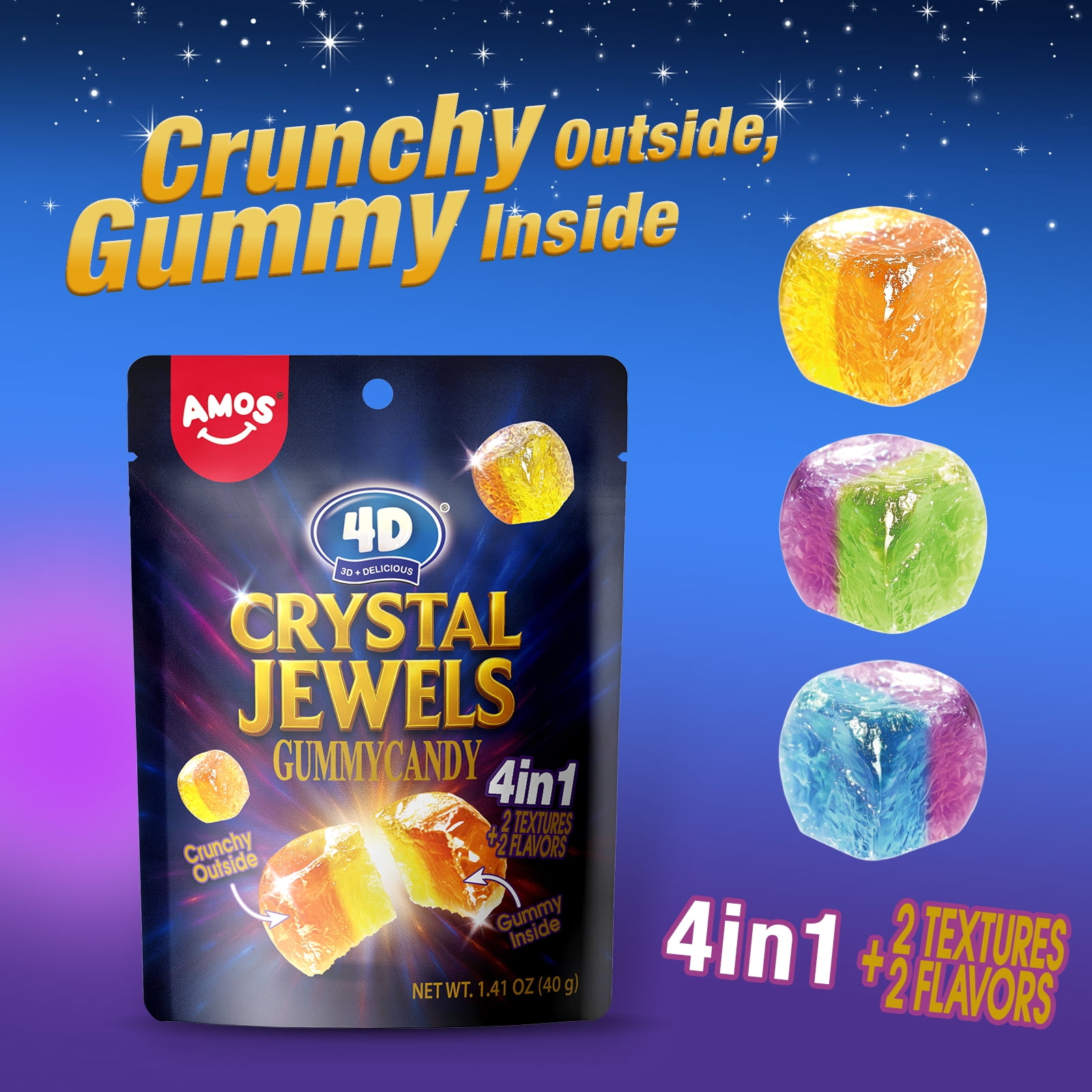 Amos 4D Gummy Candy Crystal Jewels Crunchy Outside & Gummy Inside 1.41 oz (4pack)