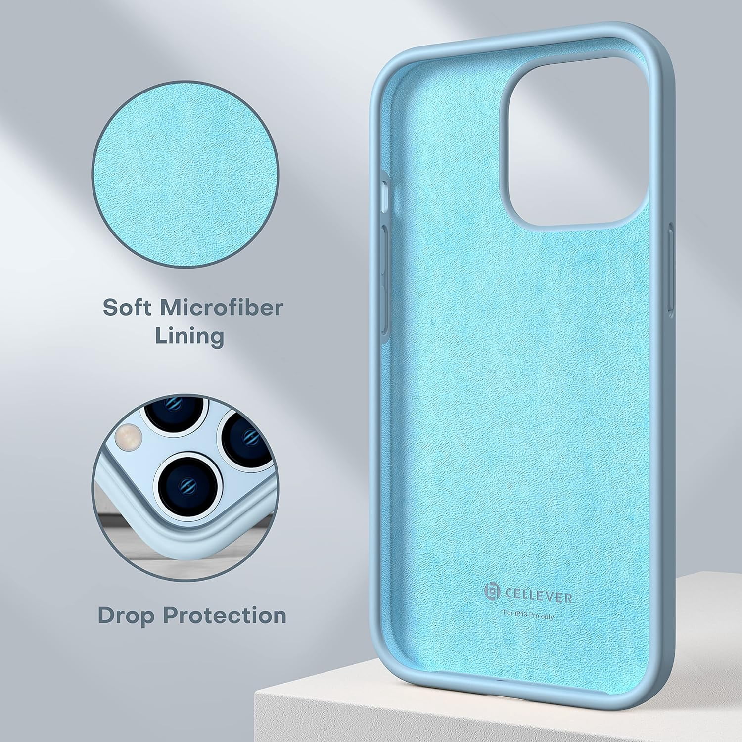 CellEver Heavy-Duty Silicone Case for iPhone 13 Pro - Two Shatterproof Glass Screen Protectors, Military Drop Protection, Scratch-Free Interior, Light Blue