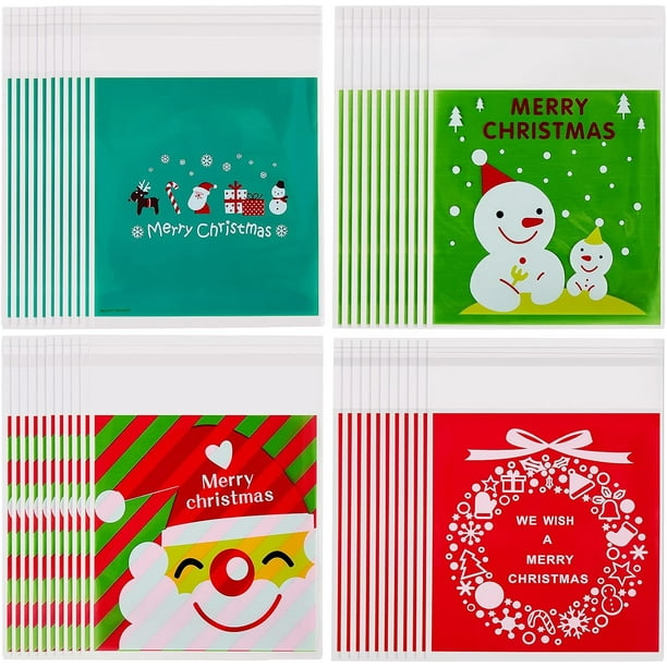 400 bolsas de celofán transparente navideñas, pequeñas bolsas para dulces, ideales para envolver regalos y golosinas navideñas. Bolsas autoadhesivas para galletas.