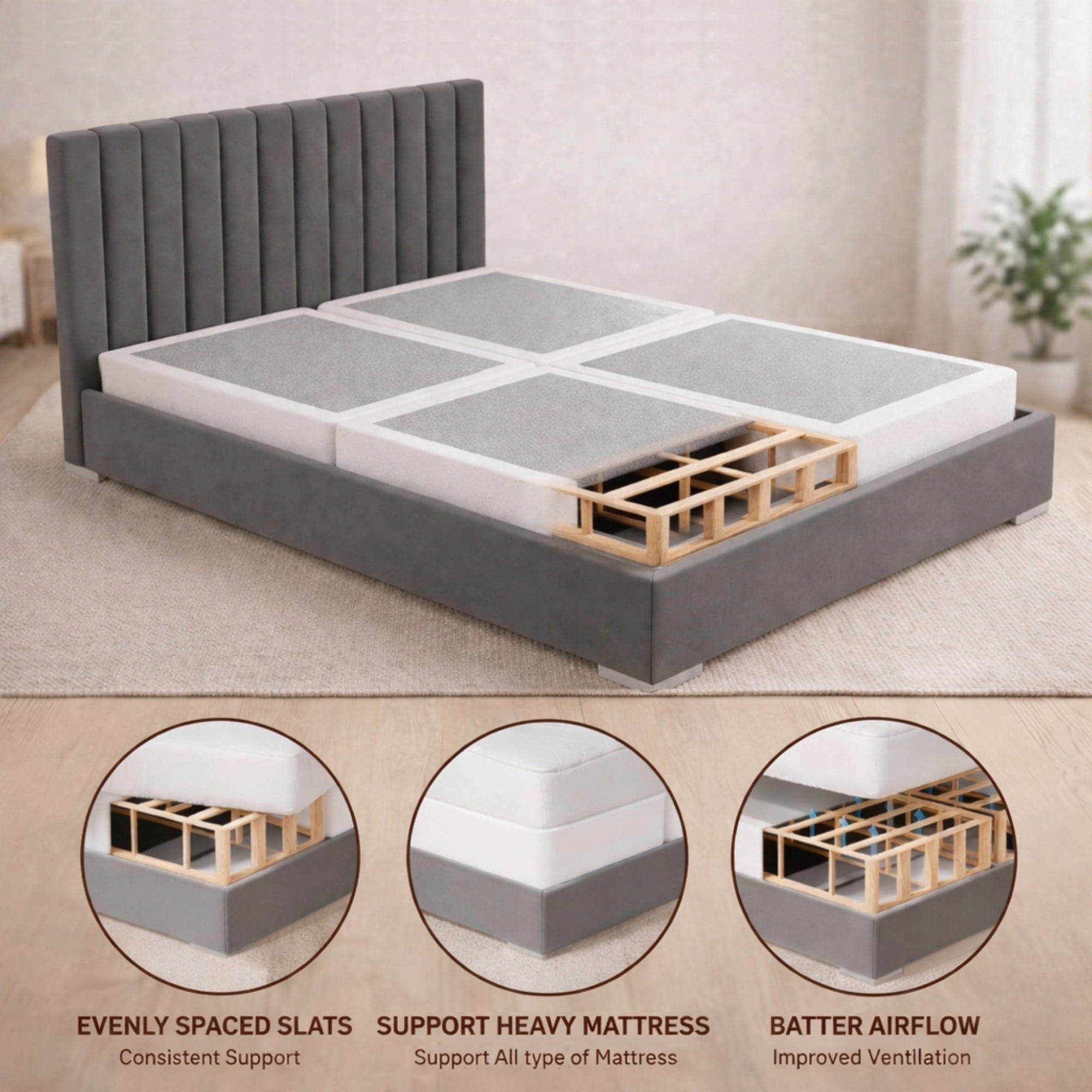 Continental Sleep King Size Box Spring Mattress Foundation, 1.5-Inch Wood Base, Quiet and Noise Free, Fully Assembled, White