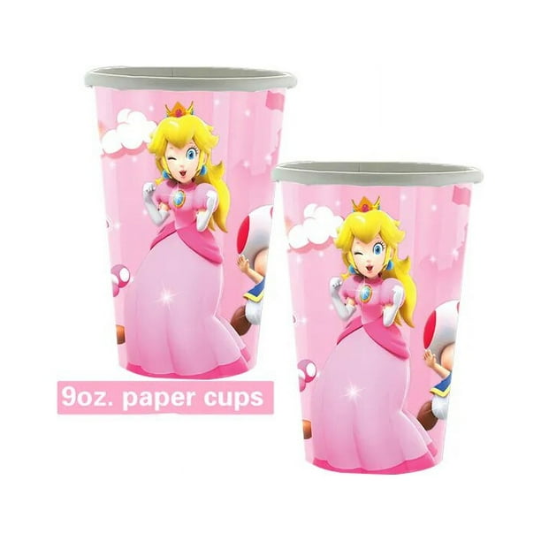 Suministros de fiesta de princesa Peach para niños y niñas, vasos, platos, mantel, servilletas, adorno de pastel, globo, decoraciones de cumpleaños, Baby Shower