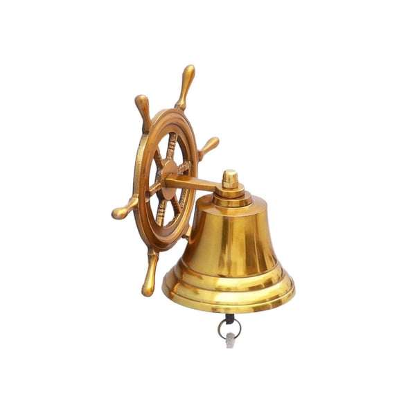 Hampton Nautical Brass Plated Hanging Ship Wheel Bell, 7"
