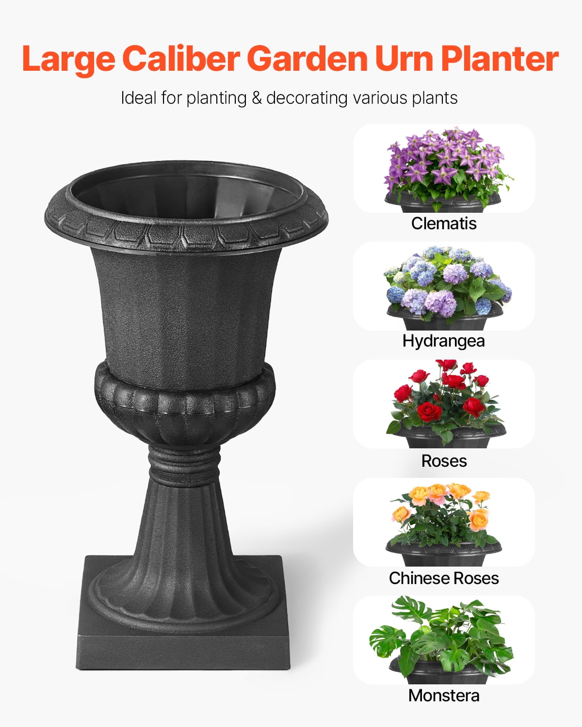 VEVOR 2 Pack Plastic Urn Planters 9.8 x 16.5 inch, Classic Flower Pots Front Porch Planters, Indoor & Outdoor Vase for Wedding, Party, Event, Home, Garden, Balcony, Patio Decoration (Black)