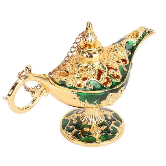 Magic Genie Lamp Exquisite Colorfast Eye Catching Alloy Embossed Pattern Genie Lamp for Bedroom Office Gold+Green 4.7in