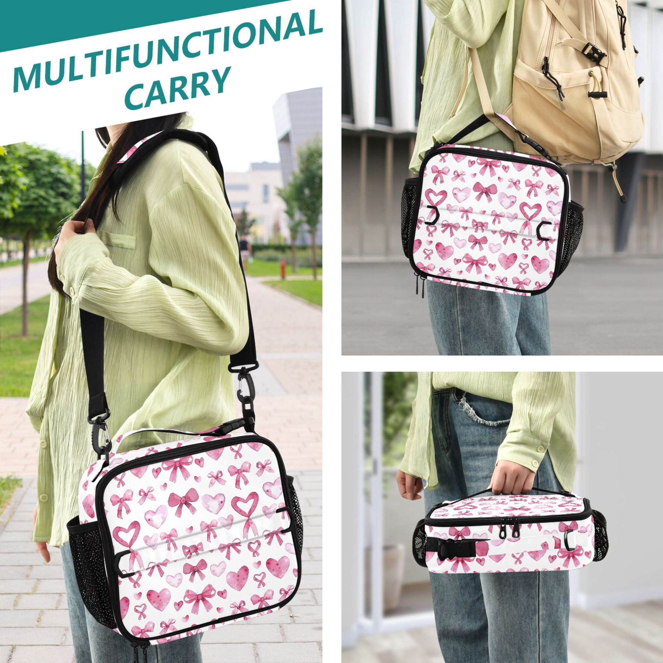 ALAZA Bows and Hearts Lunch Box Insulated Lunch Bag Cooler Tote with Shoulder Strap