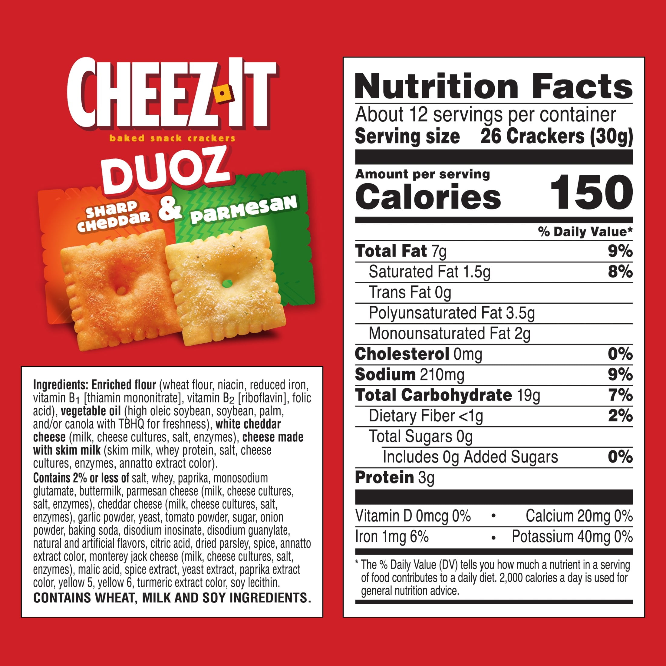 (12 pack) Cheez-It DUOZ Sharp Cheddar and Parmesan Baked Snack Crackers, Lunch Snacks, 12.4 oz