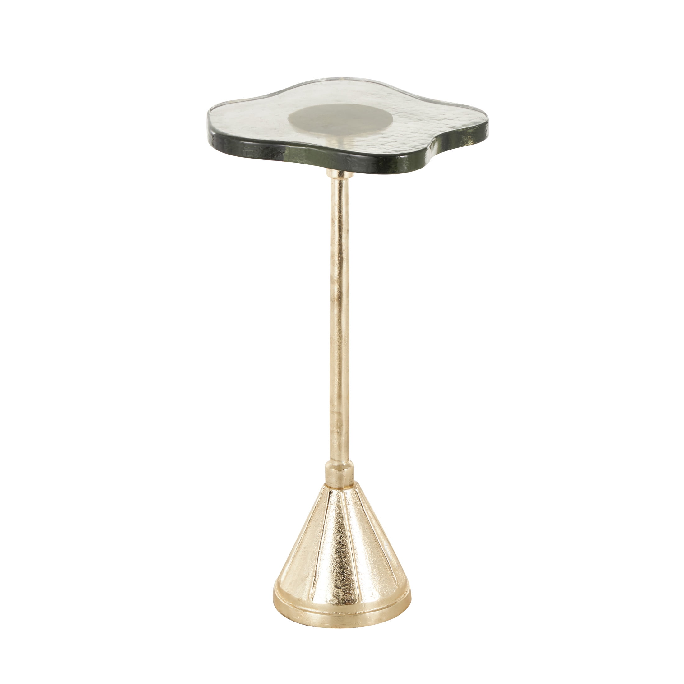 DecMode 11" x 23" Gold Aluminum Metal Pedestal Accent Table with Textured Glass Tabletop, 1-Piece