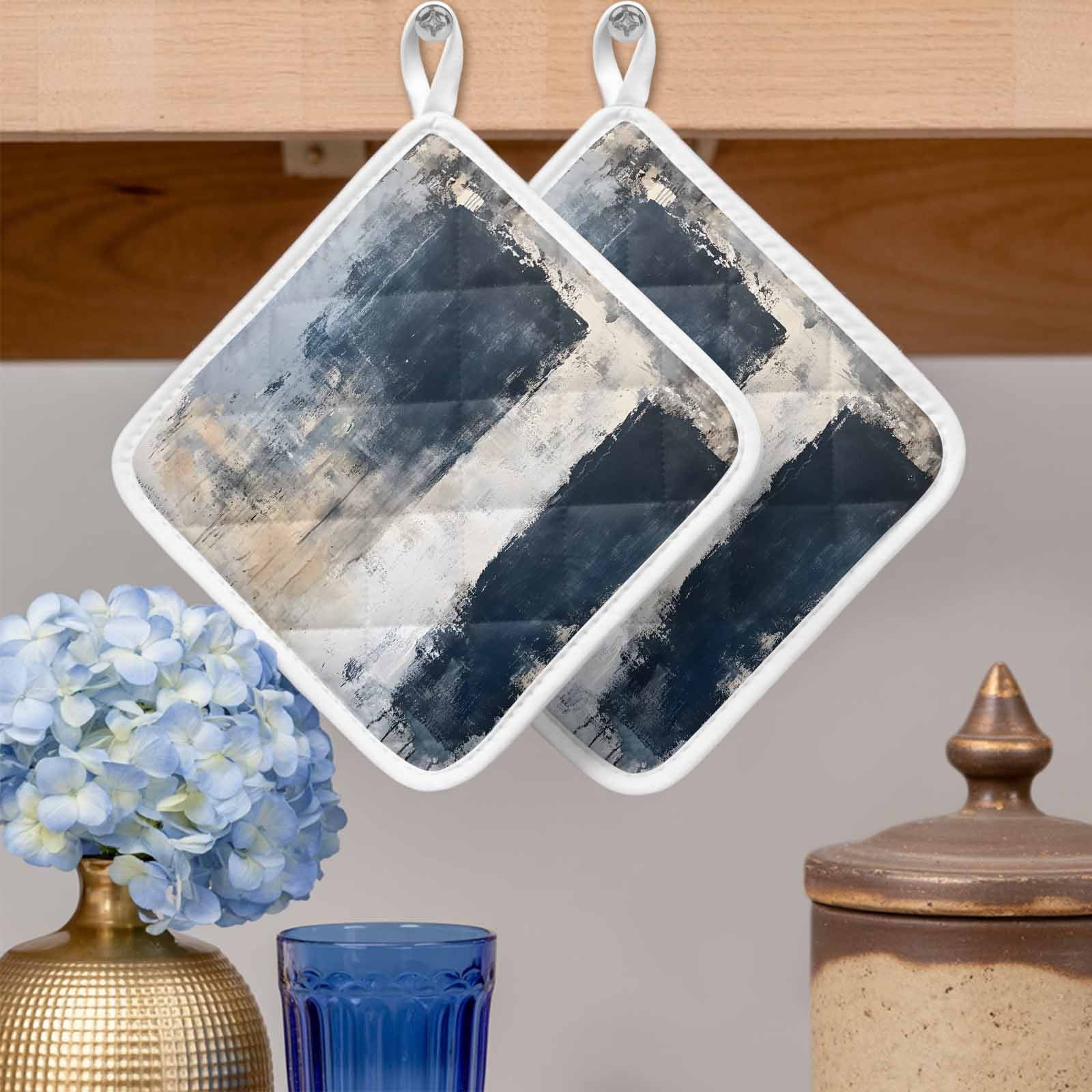 Navy Blue Grey Pot Holders for Kitchen Heatproof Potholder, 3 Pack Modern Abstract Art Rustic Hot Pads Multipurpose Oven Pads Cloth Potholders Trivet for Cooking Baking