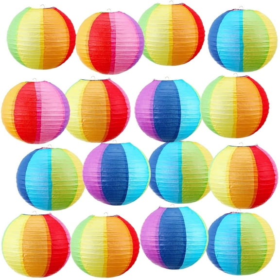 24 Pcs 9.8 in / 25 cm Rainbow Paper Lanterns, Hanging Lanterns for Party Decorations, Colorful Folding Lanterns with Metal Hooks, Ideal for Indoor and Outdoor Events