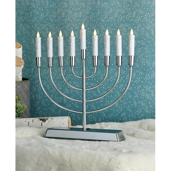 Menorah with 9 Taper Candles, Metal Base, Battery Operated