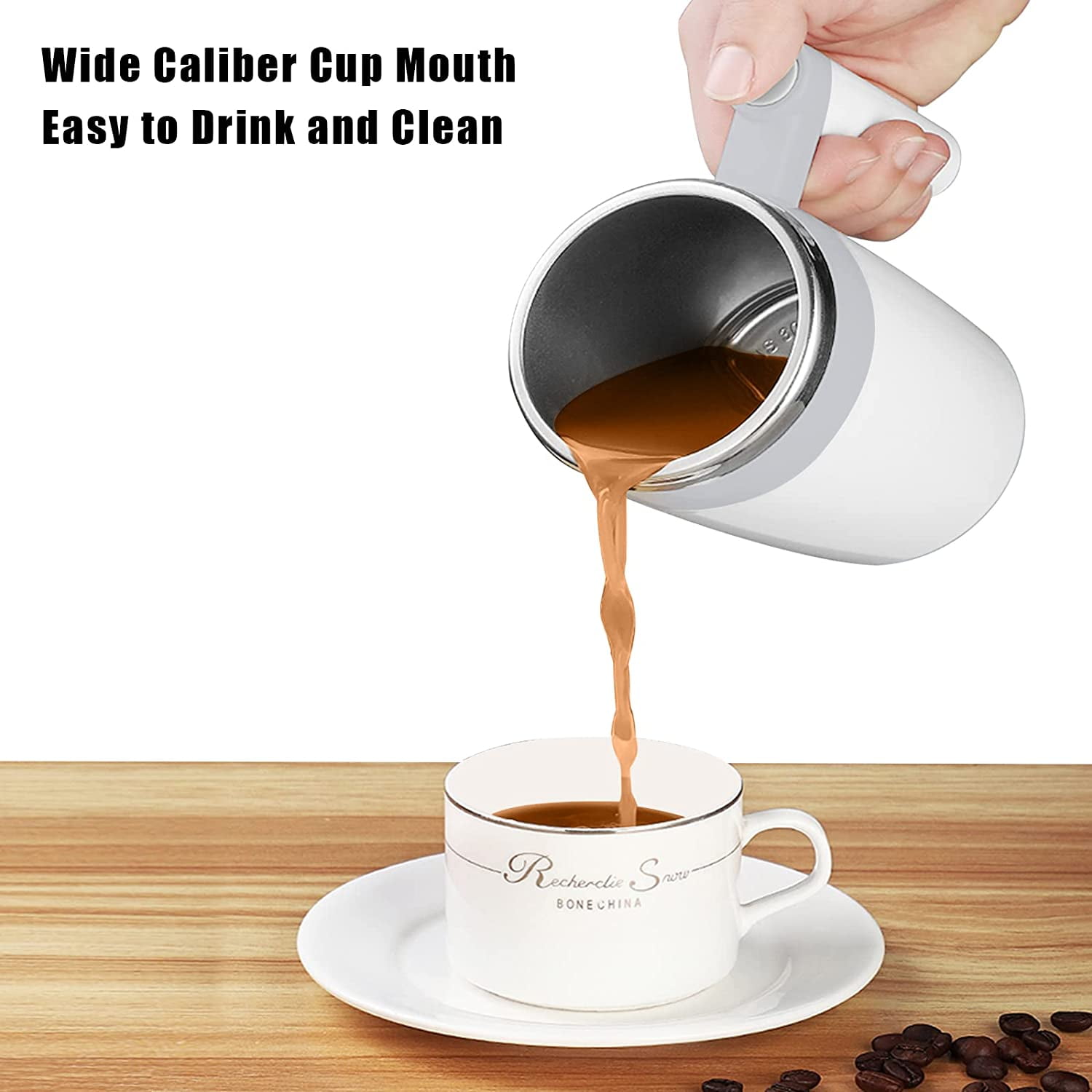 Self stirring coffee mug - Automatic mixing stainless steel cup - To stir  your coffee, tea, hot chocolate, milk, protein shake, bouillon, etc. -  Ideal
