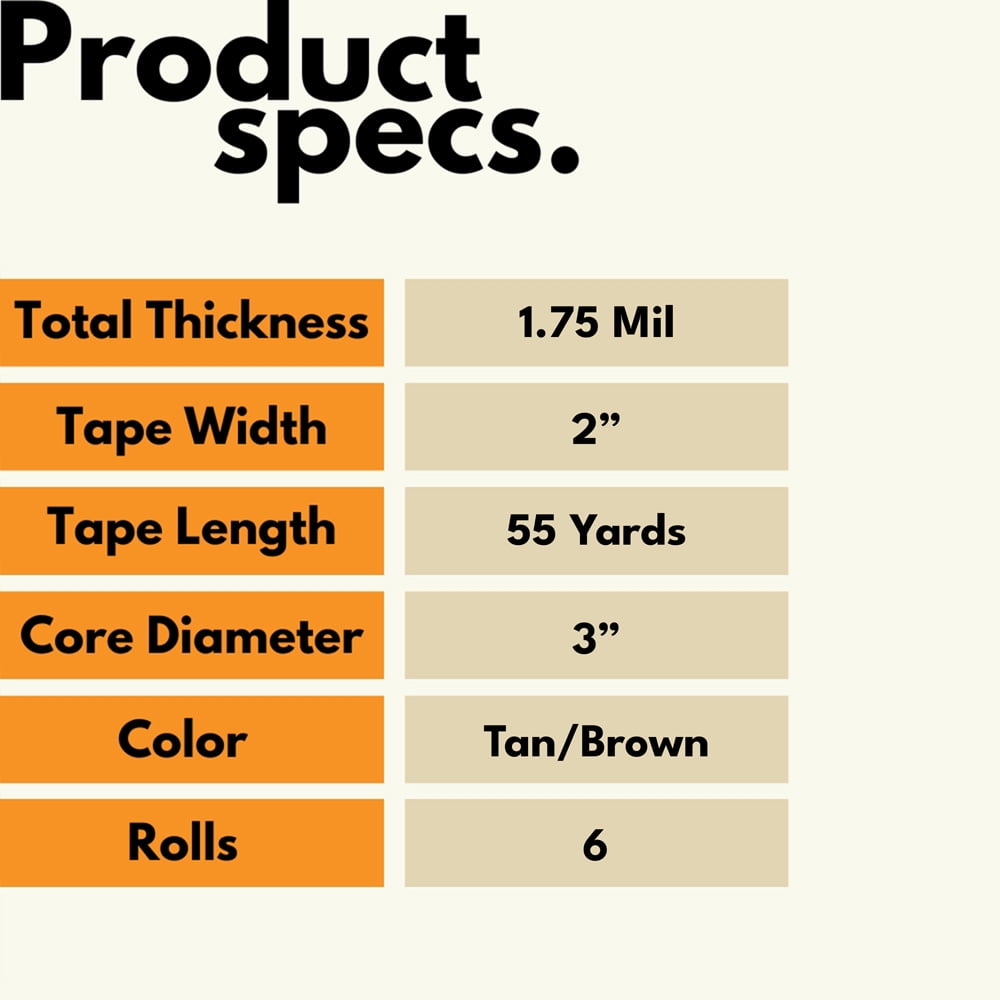 SSBM 1.75 Mil - Acrylic Box Sealing Packing Tape with Smooth Unwind, Versatile Use, 1.88" x 55 Yards (165 ft), Tan/Brown, 6 Rolls
