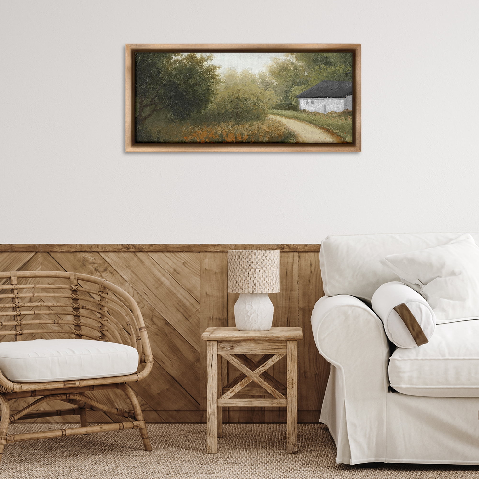 Stupell Industries Charming Country Road Landscape & Nature Painting Brown Floater Framed Canvas Art Print Wall Art, 31 x 14